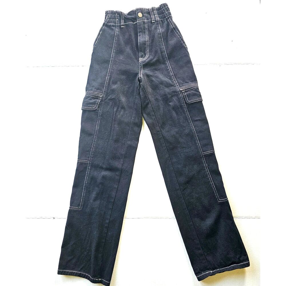 RSQ Wide Leg Cargo Jeans Black With White Stitching Women's Size XS